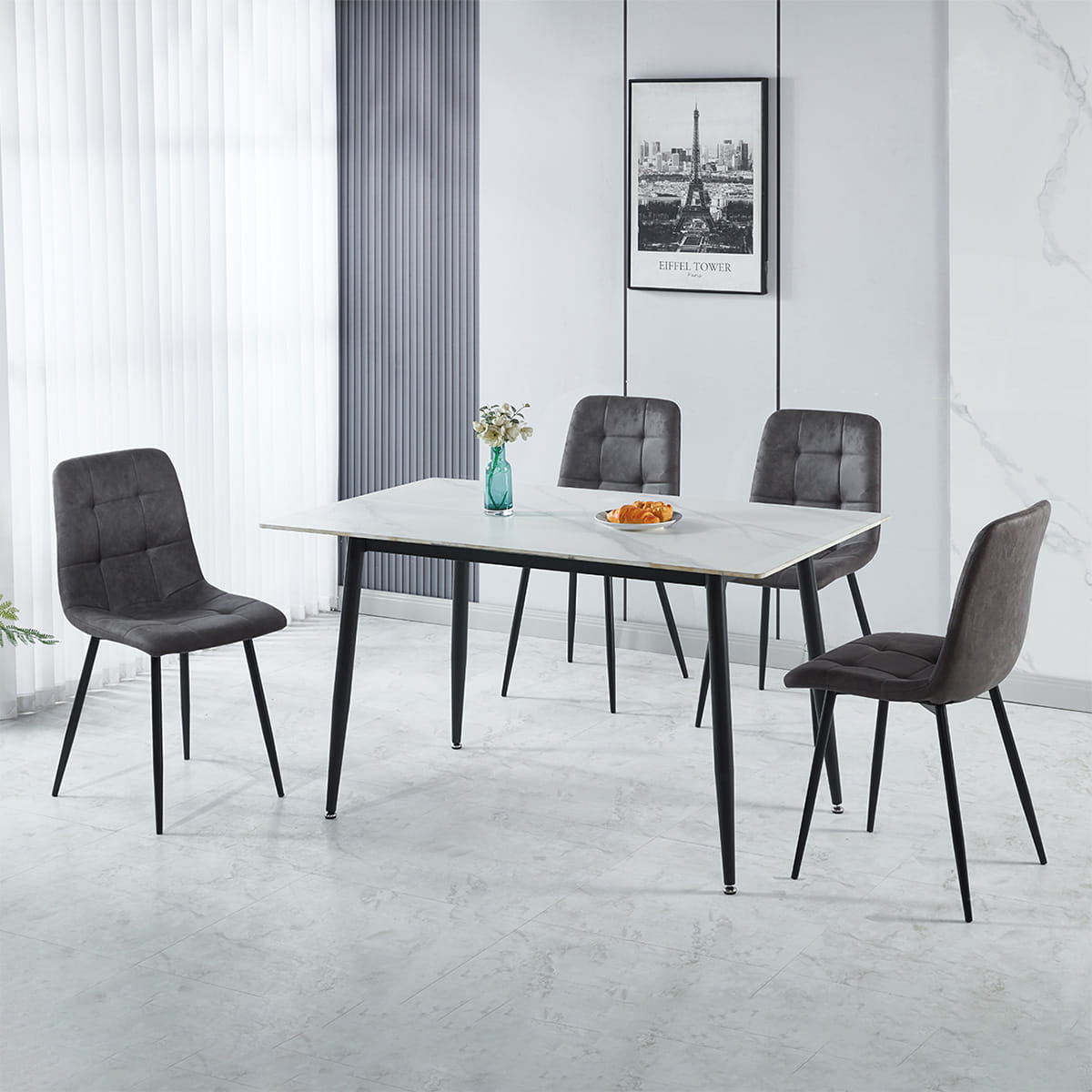 FENTON DINING SET (X4 CHAIRS) - WHITEDARK GREY SUEDE FABRIC 2024 400-401-358 F01 Fenton Dining Set