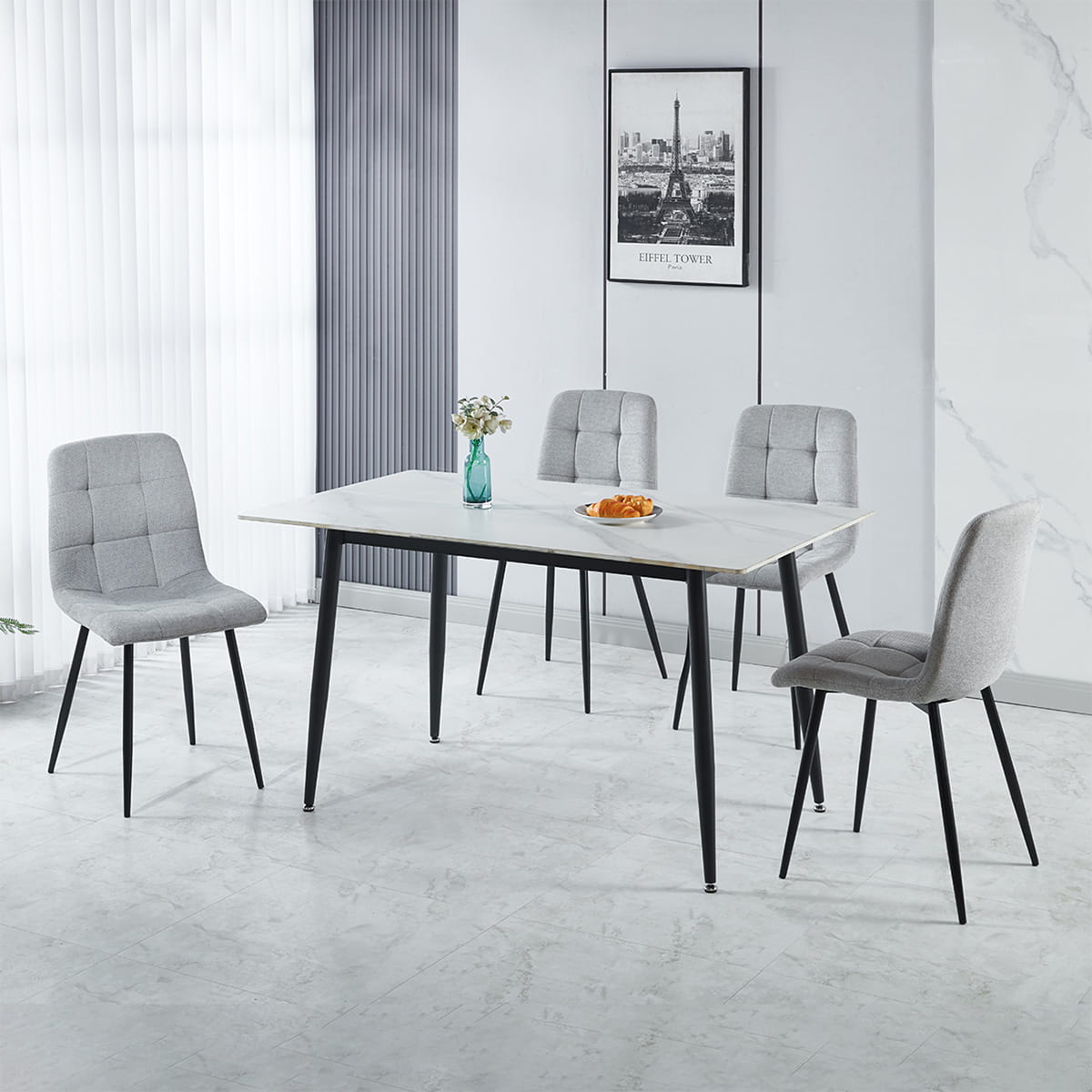 FENTON DINING SET (X4 CHAIRS) - WHITELIGHT GREY FABRIC 2024 400-401-360 F01 Fenton Dining Set