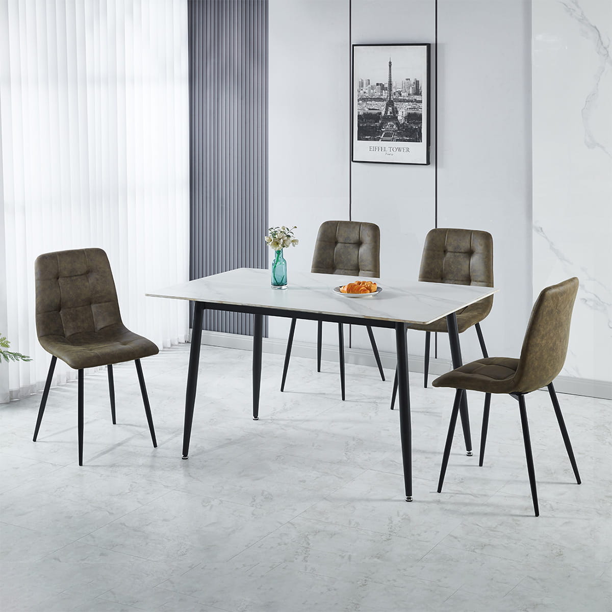 FENTON DINING SET (X4 CHAIRS) - WHITEOLIVE GREEN SUEDE FABRIC 2024 400-401-359 F01 Fenton Dining Set